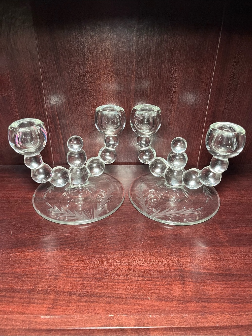 Vintage Paden City Glass Double Candlestick Holders Clear Bubble Glass Unmarked